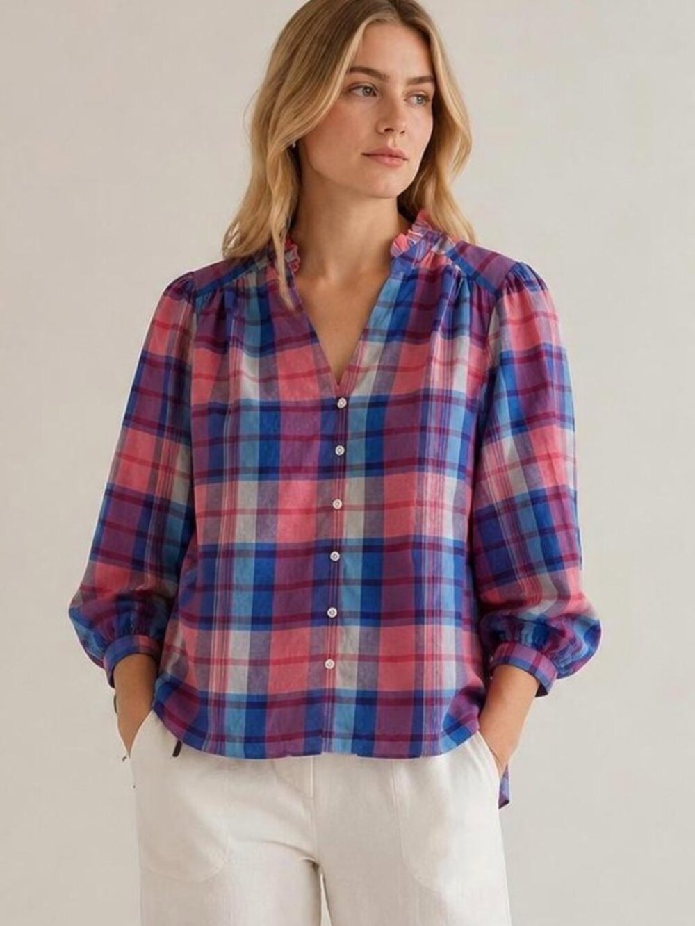 Trovata Plaid Ruffle Detail Long Sleeve Blouse
